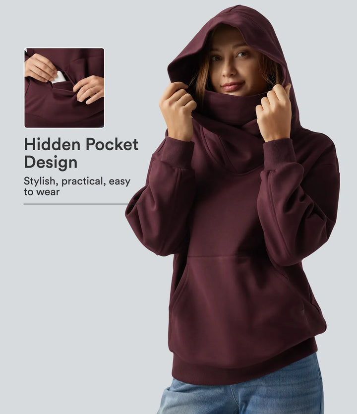 Med huva crossover nedhasad långärmad fleece vardaglig sweatshirt med ficka