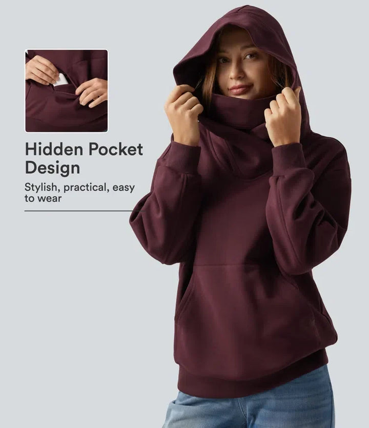 Med huva crossover nedhasad långärmad fleece vardaglig sweatshirt med ficka