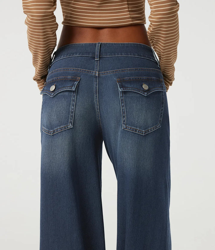 Lyckera Flex låg midja baggy vardaglig bomull jeans med fickor