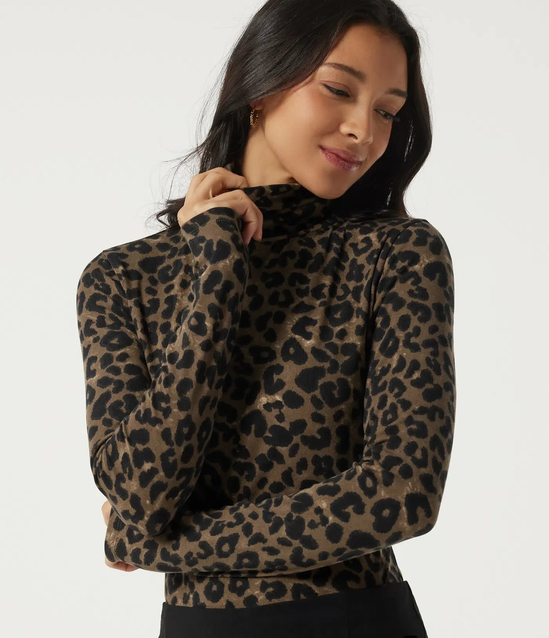 Lagerliknande halvpolo långärmad leopardmönster vardaglig T-shirt