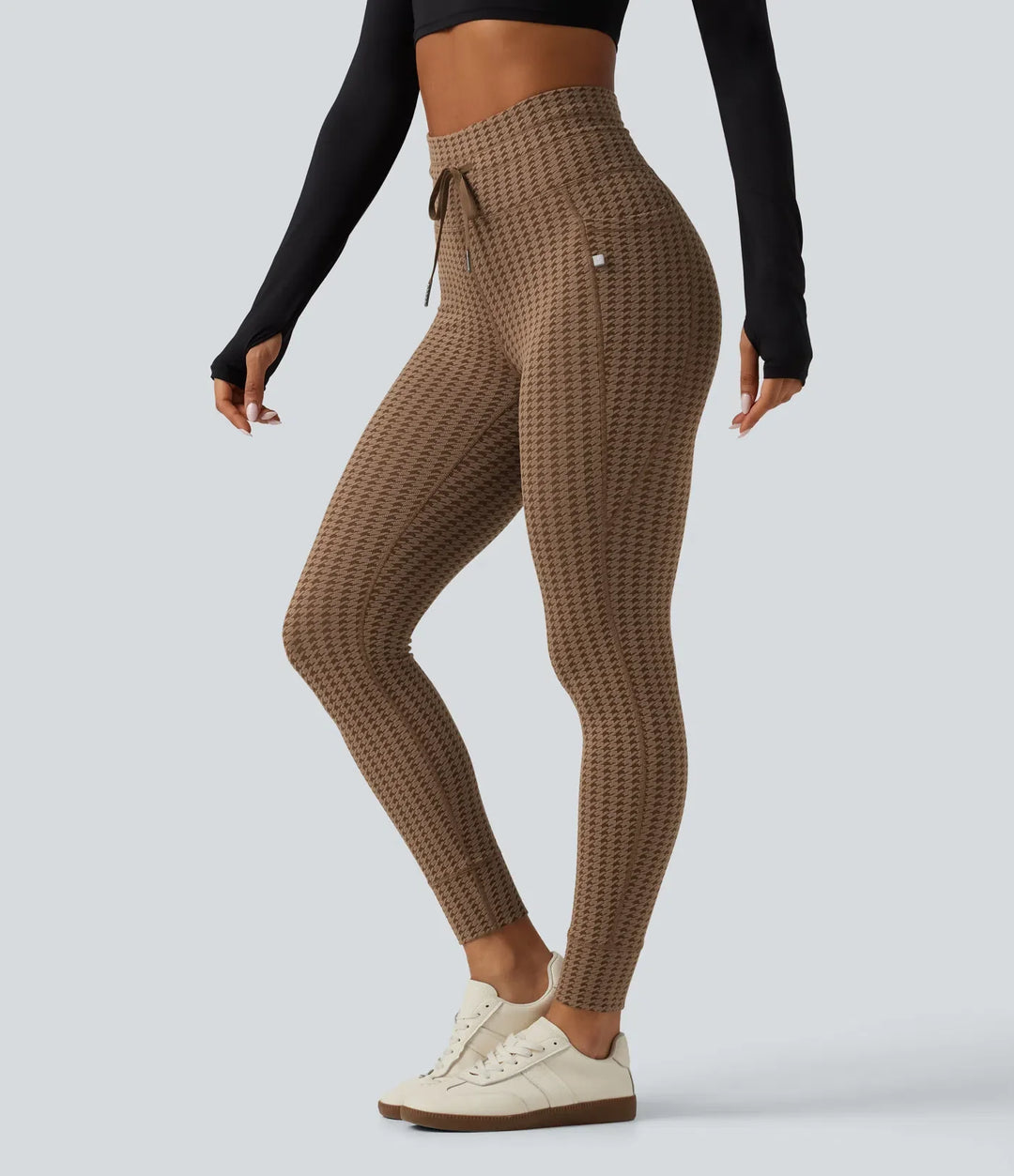 Med hög midja dragsko hundtandsmönstrad yogaleggings med fickor