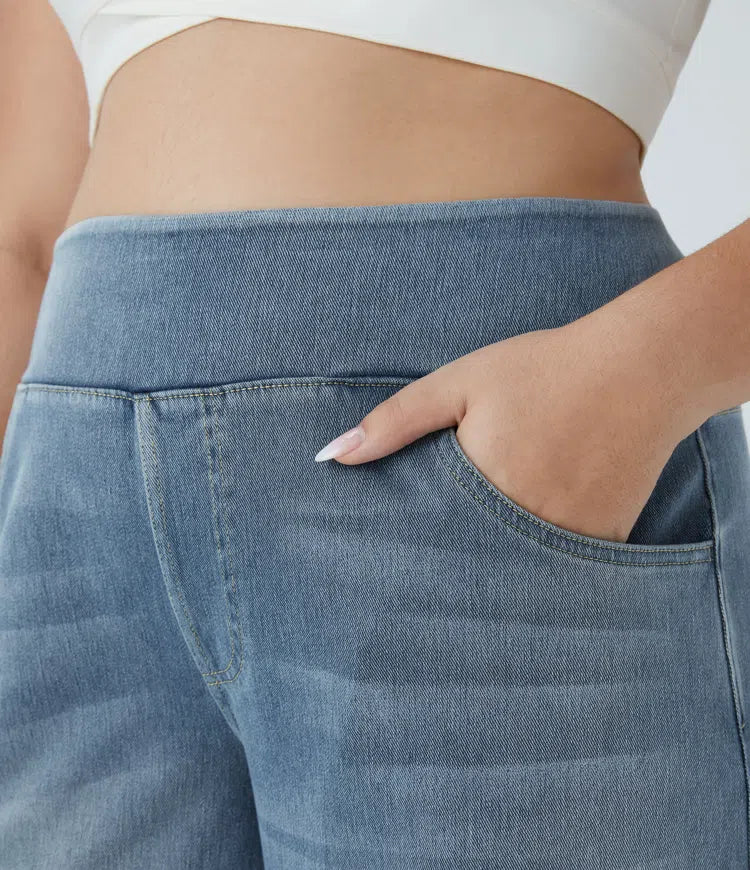 Lyckera Flex högmidjad fickor baggy vida ben tvättad vardaglig plusstorlek jeans