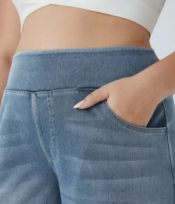 Lyckera Flex högmidjad fickor baggy vida ben tvättad vardaglig plusstorlek jeans