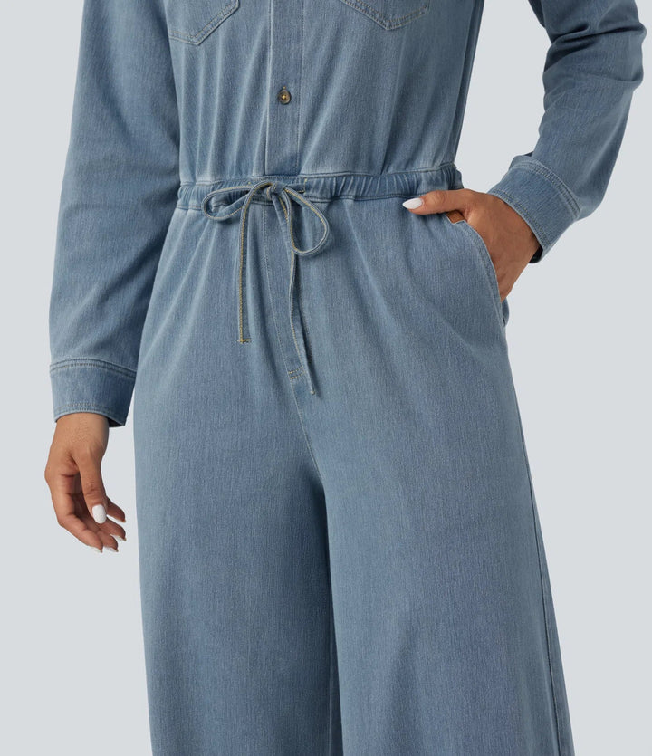 Lyckera Flex långärmad dragsko vida ben tvättad denim vardaglig jumpsuit med fickor-Easy Peezy Edition