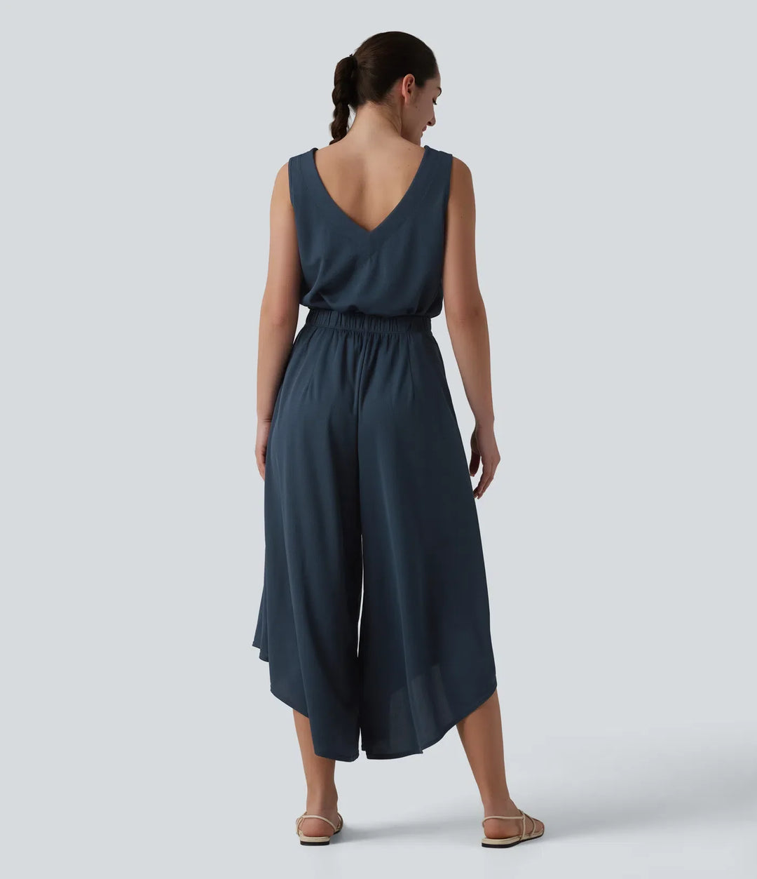 V-ringad fallande våffelstruktur vardaglig jumpsuit med fickor-Easy Peezy Edition