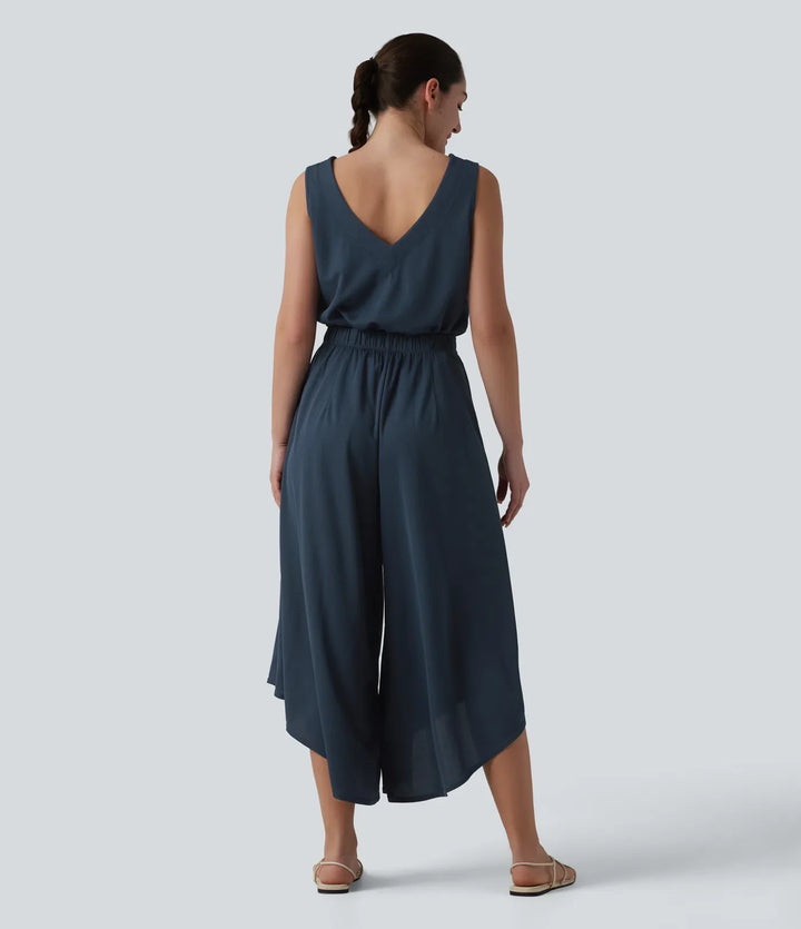 V-ringad fallande våffelstruktur vardaglig jumpsuit med fickor-Easy Peezy Edition