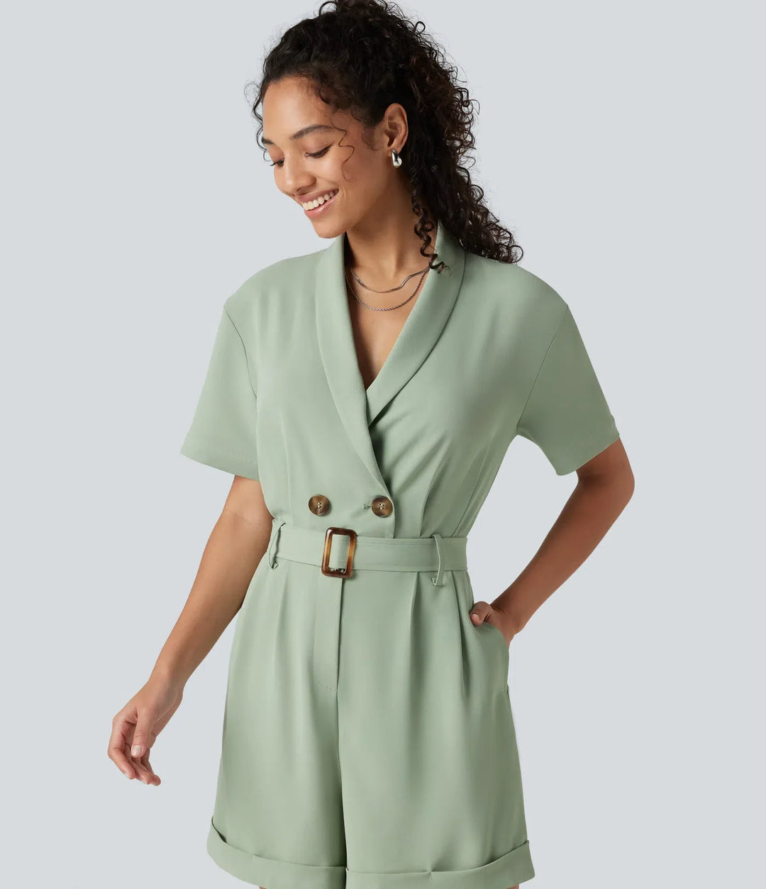 Sjalkrage kortärmad bältad arbete playsuit med fickor