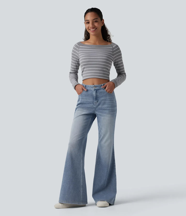 Halara Flex med medelhög midja tvättad för vardag utsvängd jeans med fickor