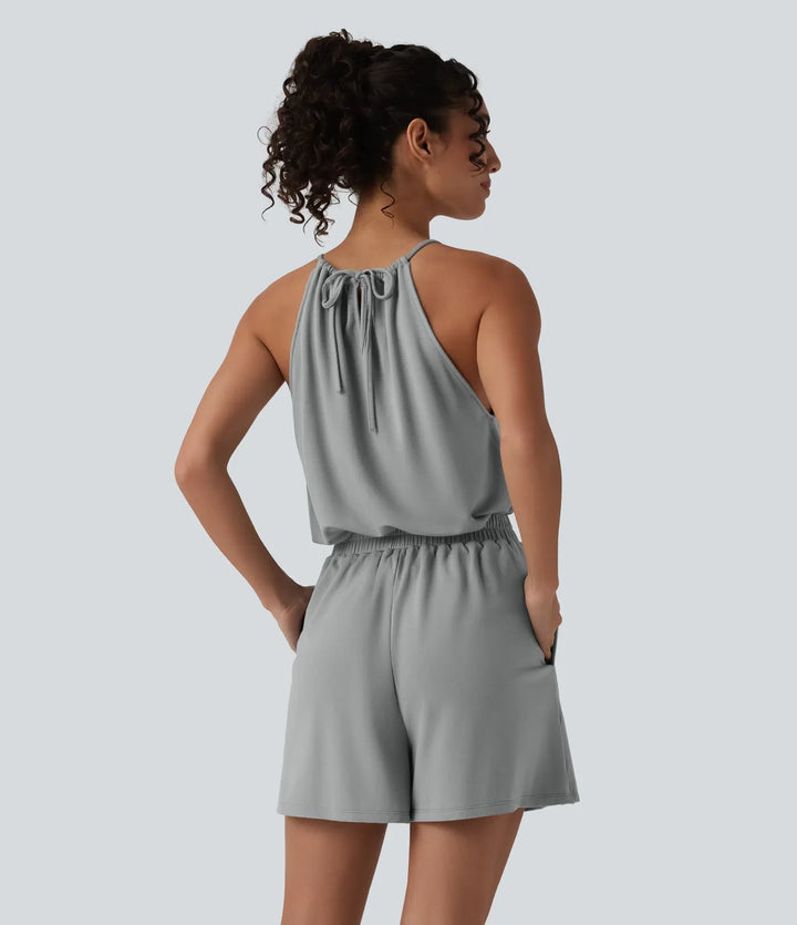 Halterneck ärmlös knytning i ryggen veckad vardaglig playsuit med fickor-Easy Peezy