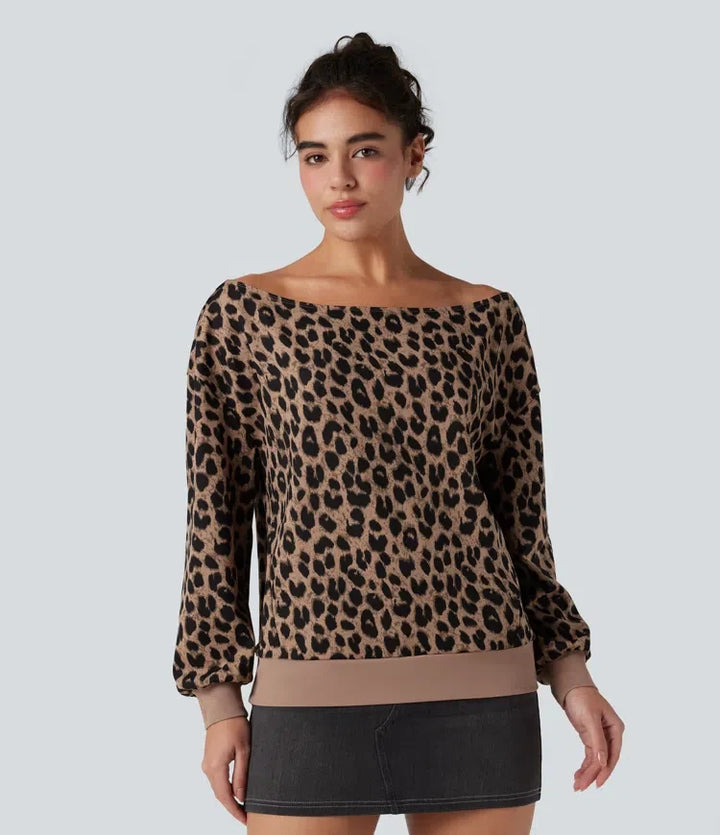 Enaxlad långärmad våffelstruktur leopard vardaglig sweatshirt med fickor