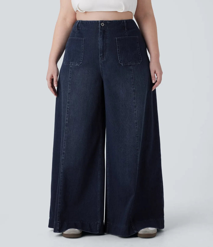 Halara Flex med hög midja och fickor tvättad för vardag vida ben jeans i plusstorlek