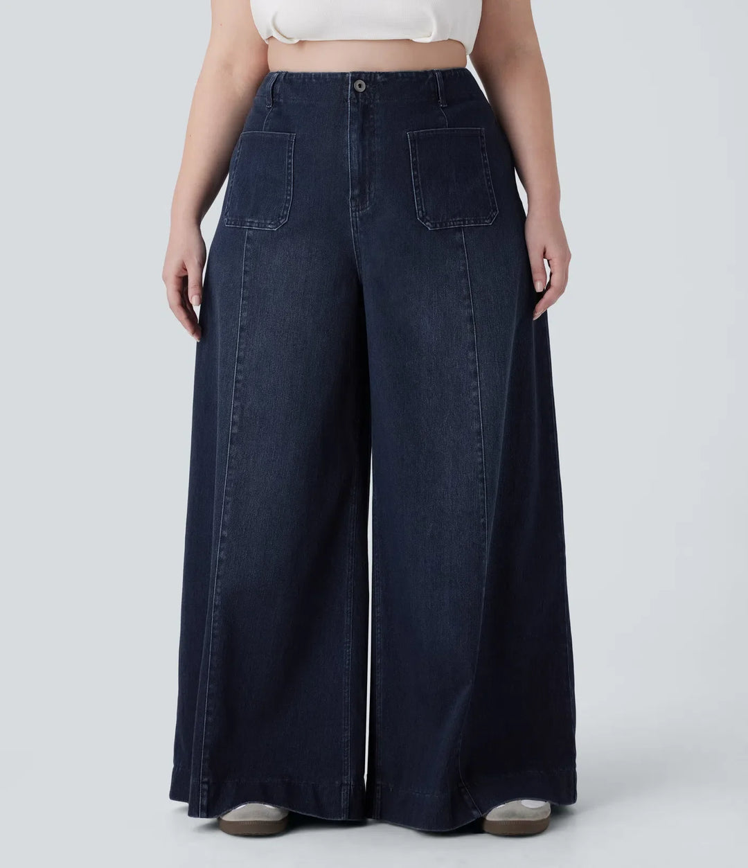 Lyckera Flex högmidjad fickor tvättad vardaglig vida ben plusstorlek jeans