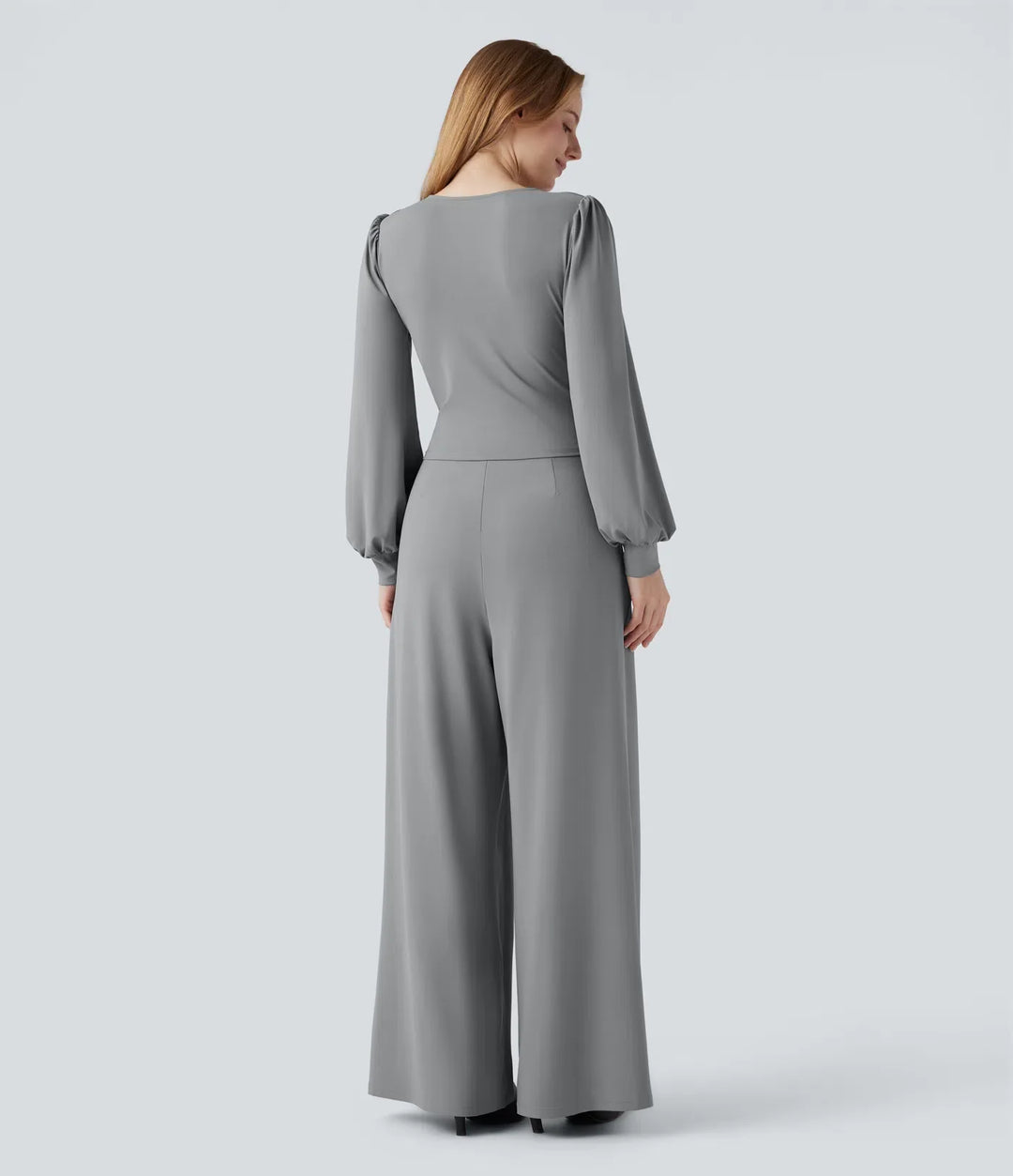 V-ringad lång puffärm crossover arbetsjumpsuit med fickor-Easy Peezy