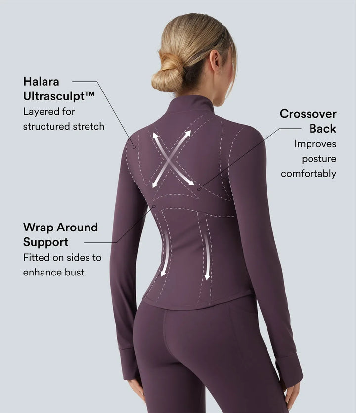 Lyckera UltraSculpt halvpolo rynkat push-upp långärmad tumhål yogajacka med fickor