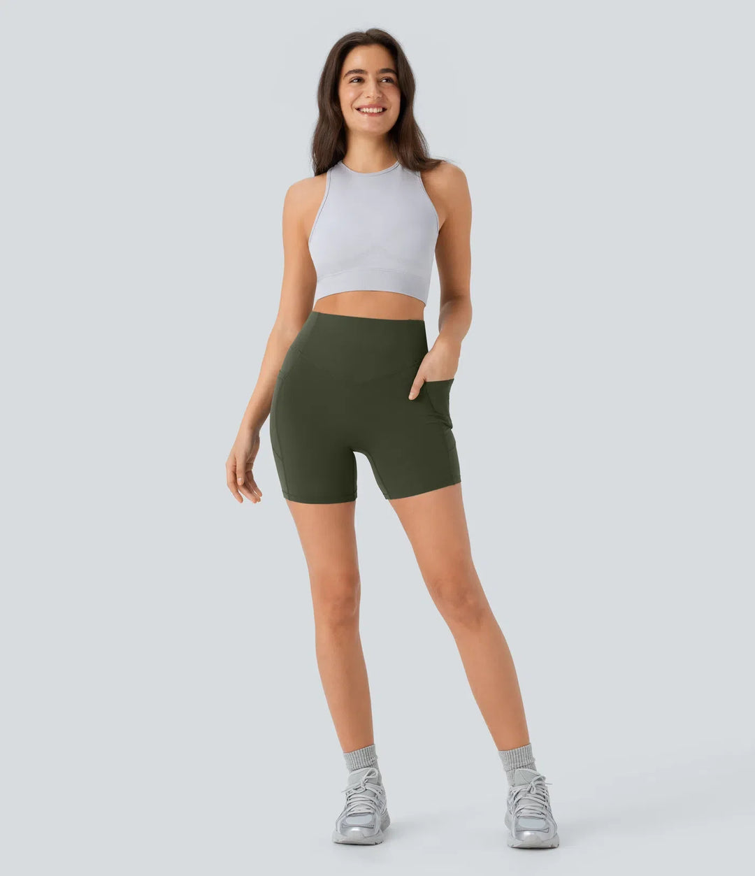 Halara UltraSculpt med hög midja scrunch-effekt rumplyftande magkontroll ficka formande träning cykelshorts 5&