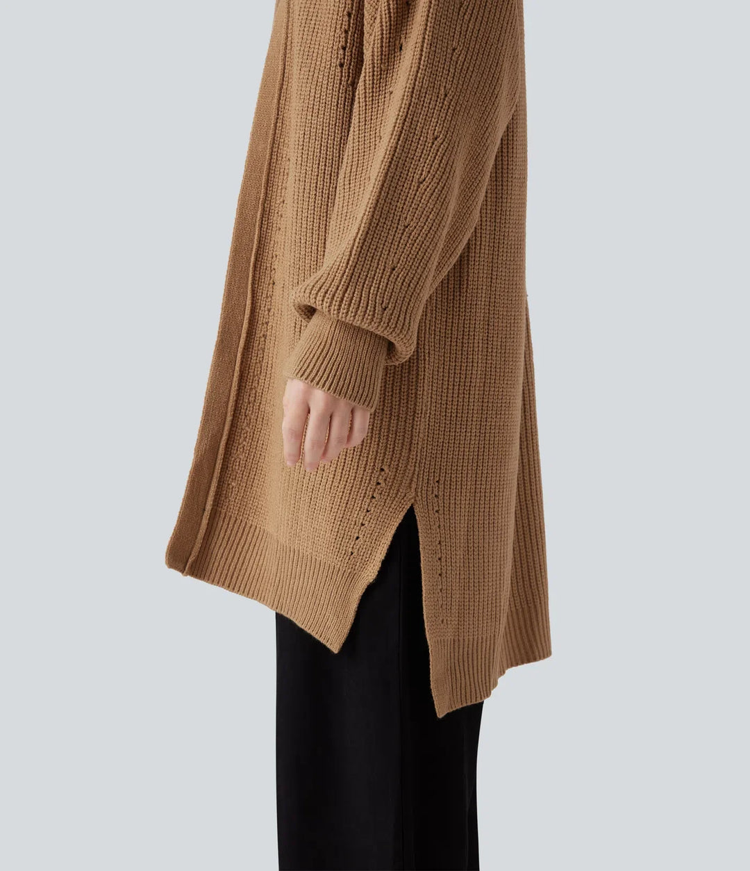 Lång bishopärm slits fåll hålmönstrad vardaglig lång modell cardigan