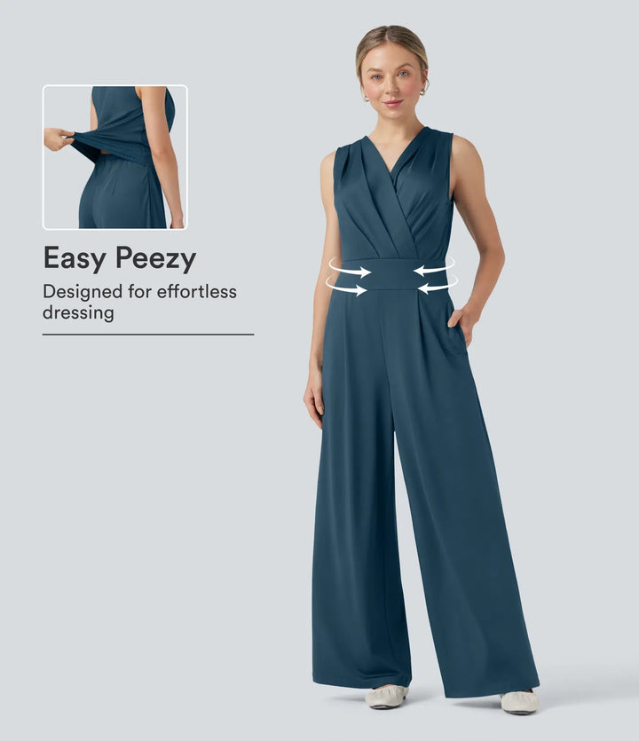 V-ringad ärmlös veckad crossover magkontroll vardaglig jumpsuit med fickor-Easy Peezy