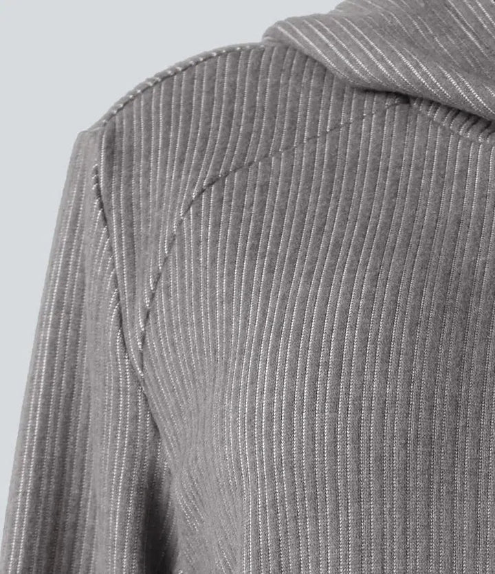 Ribbad med huva långärmad vardaglig sweatshirt med ficka