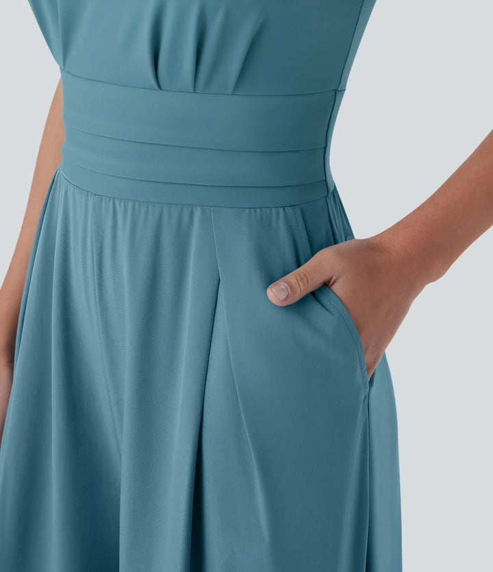 Breezeful V-ringad blombladsärm ficka vida ben fallande snabbtorkande arbetsjumpsuit