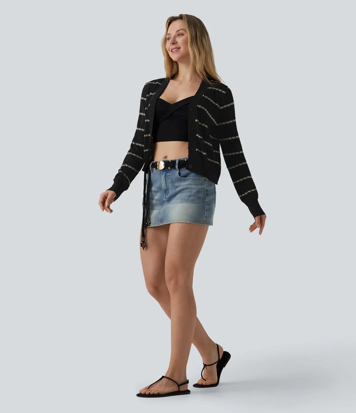 V-ringad långärmad färgblock tröja stickad cardigan