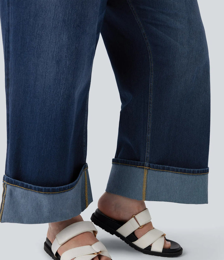 Plusstorlek Halara Flex med hög midja vida ben upprullad fåll tvättad stretchig stickad vardagsjeans med fickor