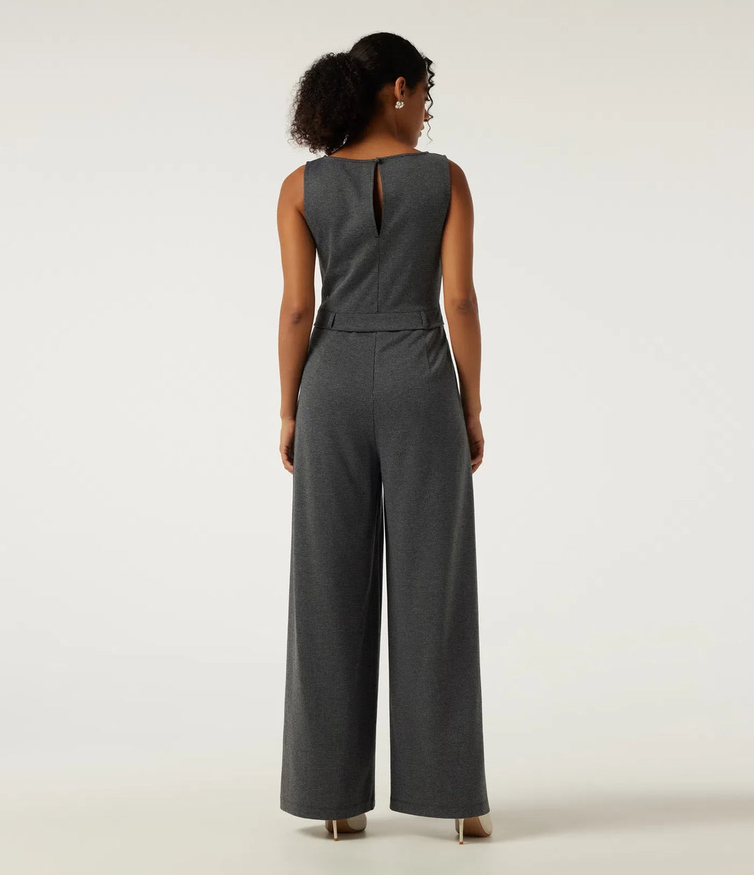 Båtringad ärmlös vida ben hundtand smal arbete jumpsuits med fickor -Easy Peezy Edition