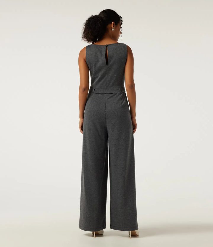 Båtringad ärmlös vida ben hundtand smal arbete jumpsuits med fickor -Easy Peezy Edition