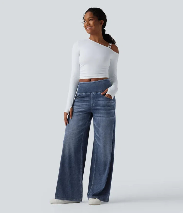 Lyckera Flex medelhög midja draperad lyocell tvättad vardaglig baggy jeans med vida ben med fickor