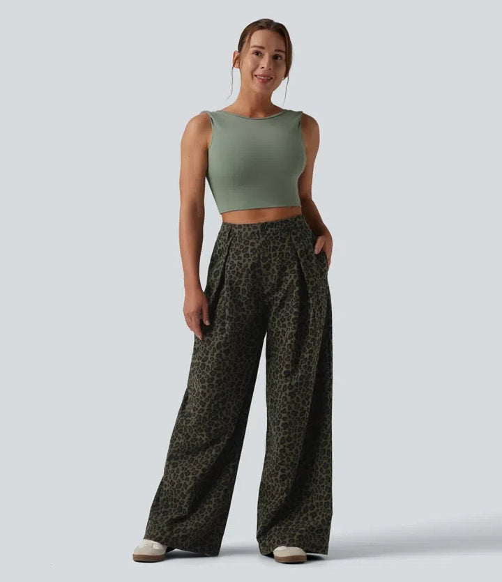 Medelhög midja vida ben baggy leopardmönster vardagsbyxor med fickor