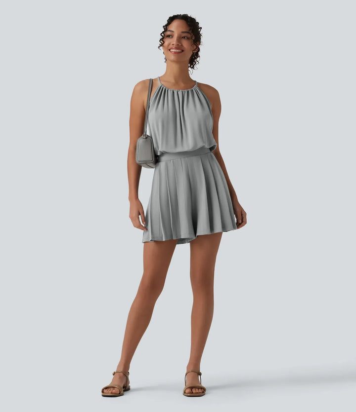 Halterneck ärmlös knytning i ryggen veckad vardaglig playsuit med fickor-Easy Peezy