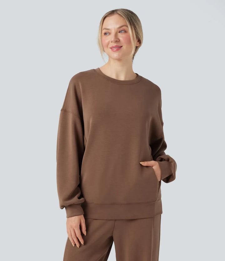 SpacerTek rund hals långärmad crossover rygg vardaglig sweatshirt med fickor
