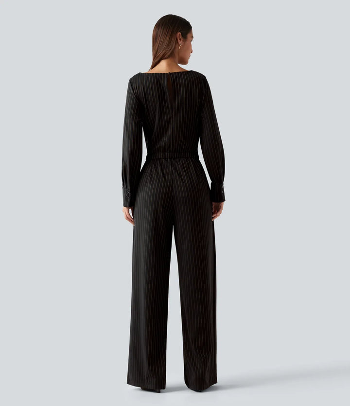 Båtringad långärmad knytning i sidan sval känsla randig arbetsjumpsuit med fickor-Easy Peezy Edition