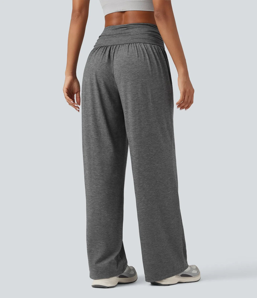 Högmidjad rynkat melerad yoga baggy byxor med fickor