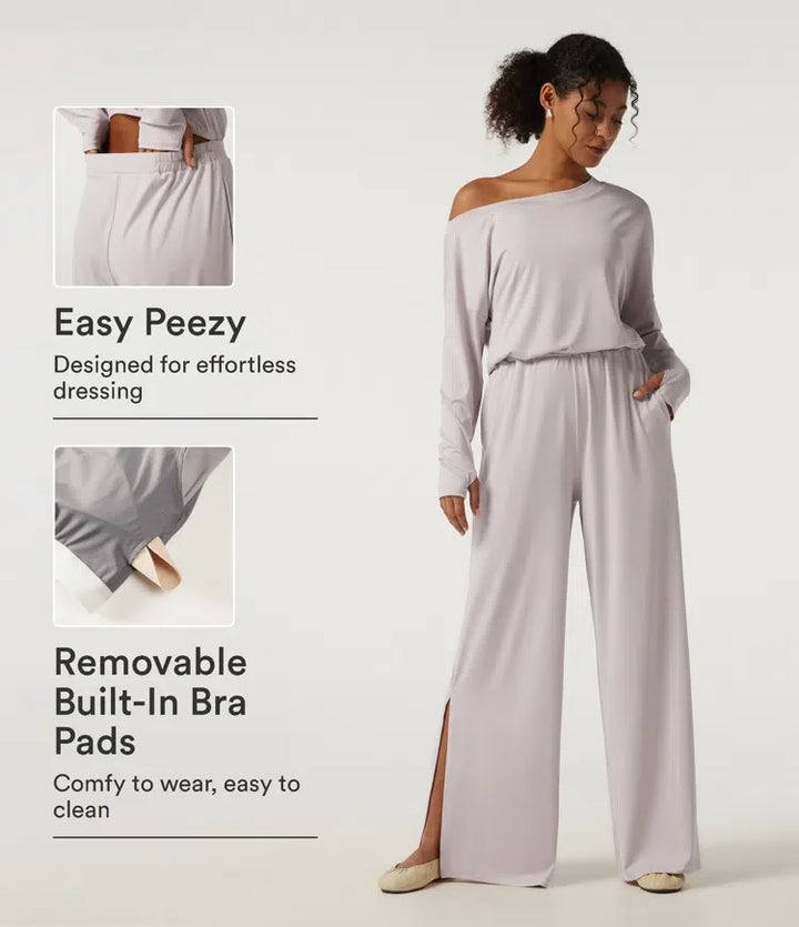 Enaxlad långärmad vida ben vardaglig jumpsuit med inbyggd BH och fickor -Easy Peezy Edition