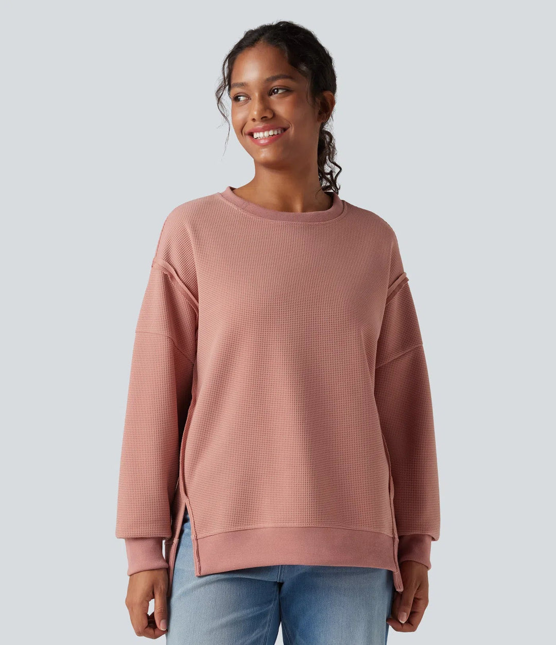 Rund hals långärmad slits fåll våffelstruktur vardaglig sweatshirt