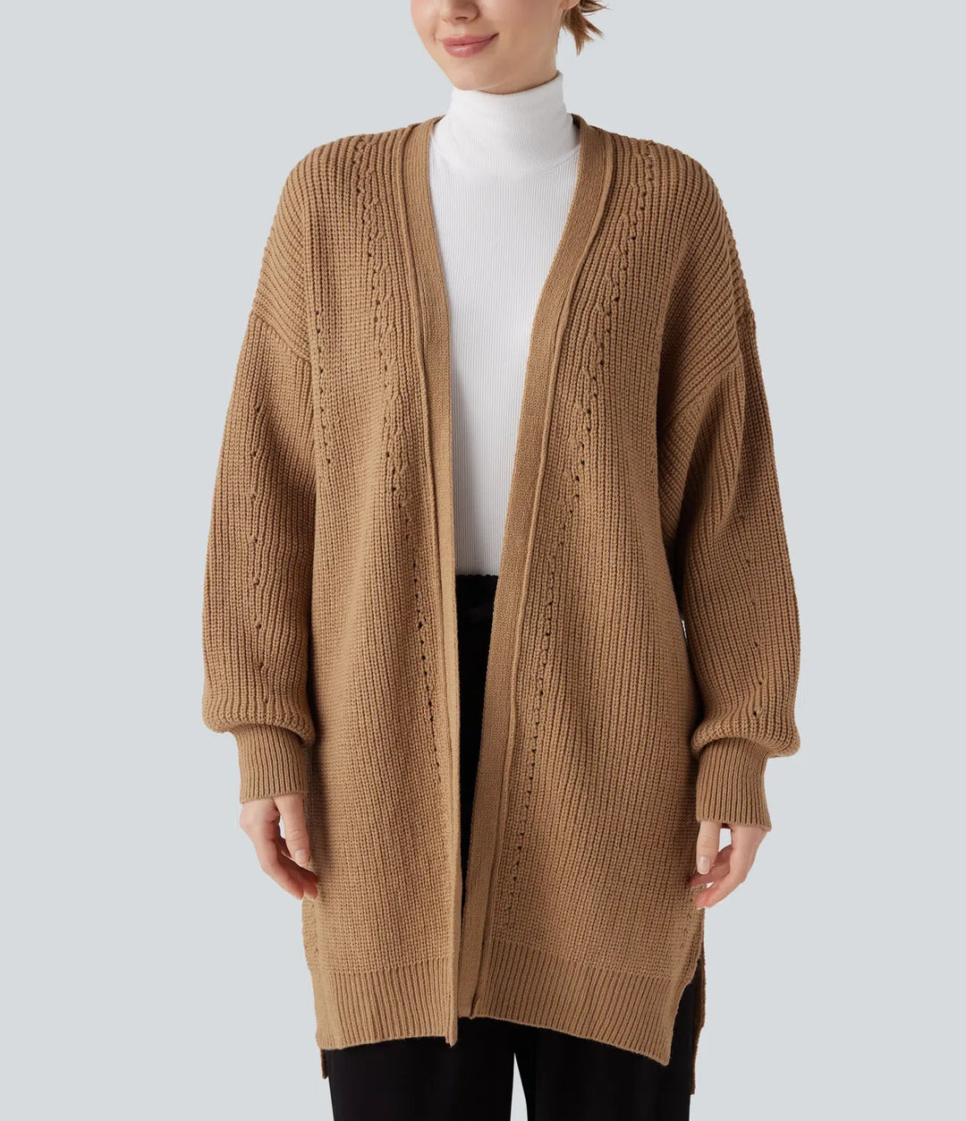 Lång bishopärm slits fåll hålmönstrad vardaglig lång modell cardigan
