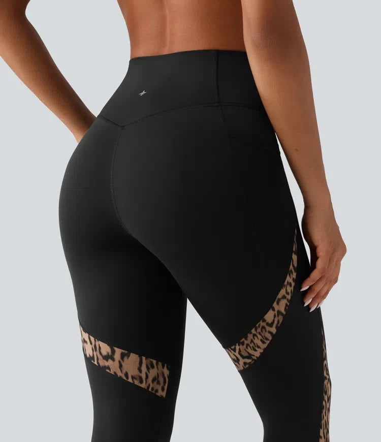 Högmidjad skinny kontrastmesh leopardmönster färgblock yogaleggings med fickor