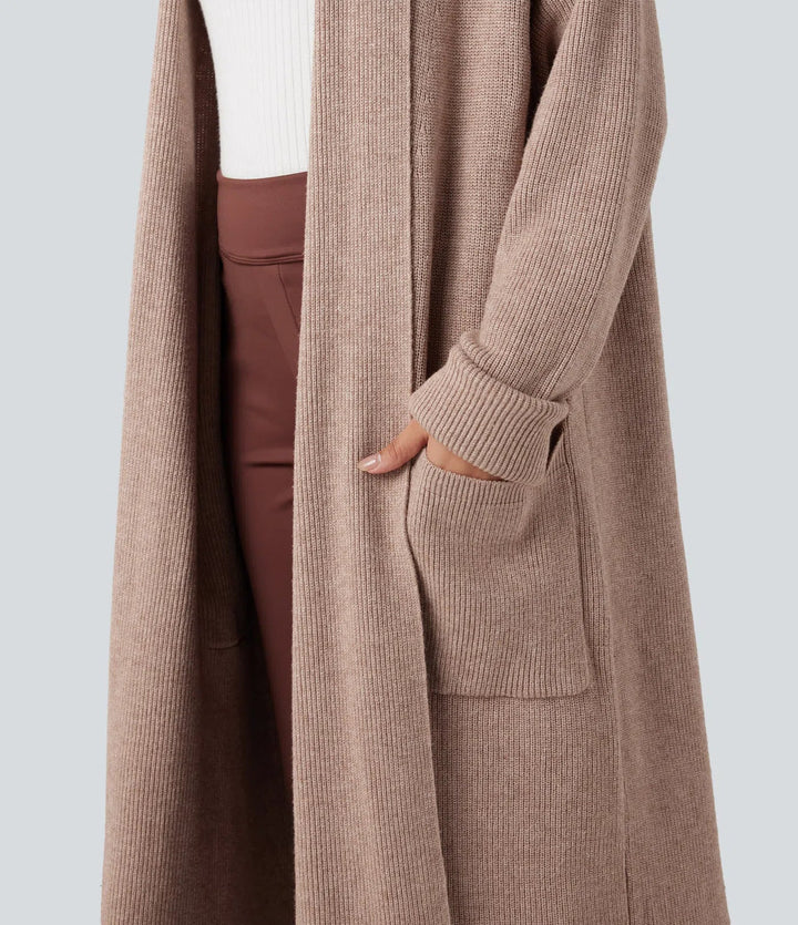 Långärmad arbete lång modell cardigan med fickor
