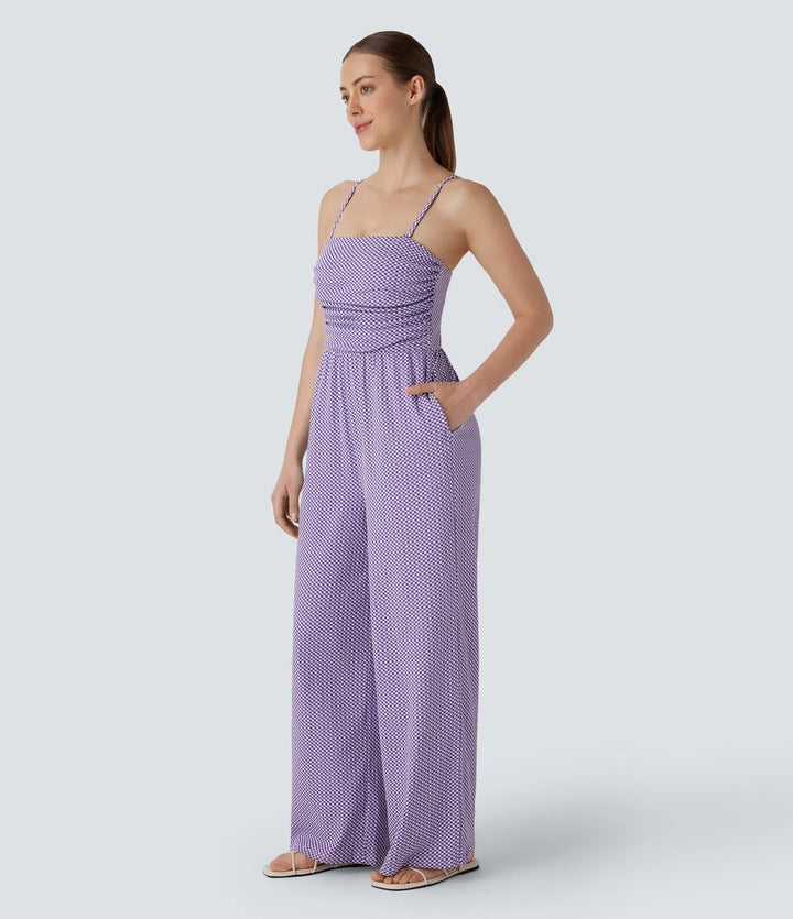 Justerbar och avtagbar rem rynkat ficka rutig vardaglig jumpsuit
