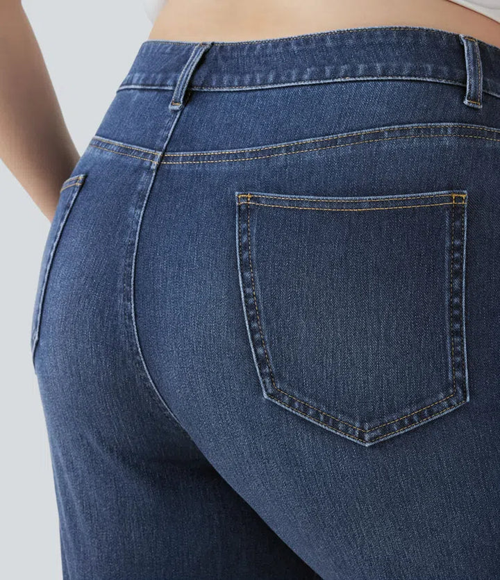 Lyckera Flex högmidjad fickor raka ben tvättad vardaglig plusstorlek jeans