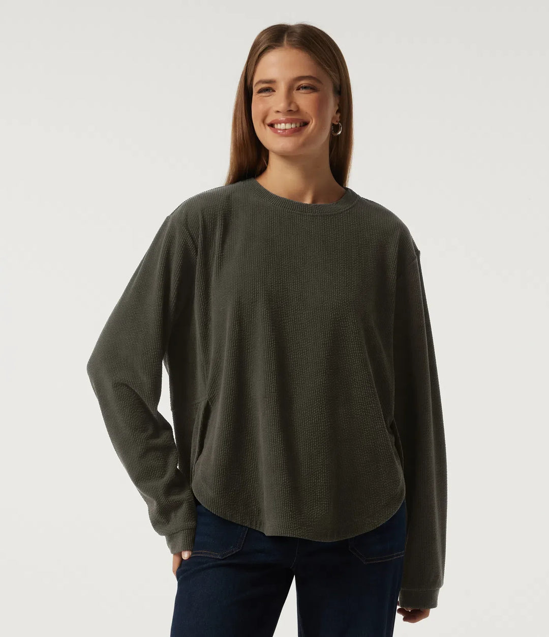 Rund hals långärmad rundad fåll manchester vardaglig sweatshirt