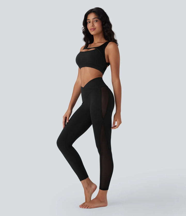 SoftlyZero crossover högmidjad kontrastmesh yogaleggings med ficka