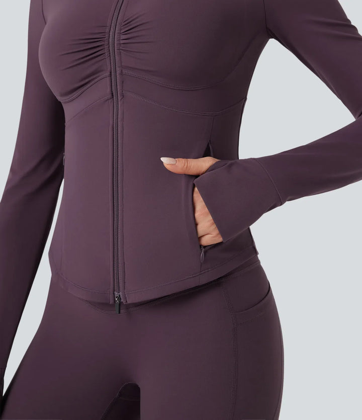 Lyckera UltraSculpt halvpolo rynkat push-upp långärmad tumhål yogajacka med fickor
