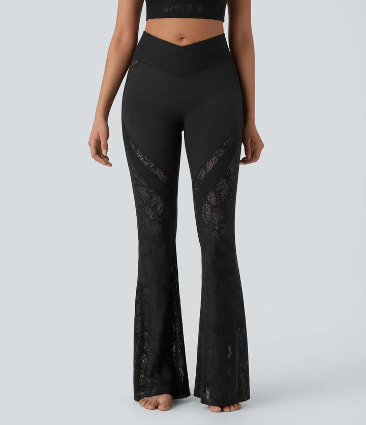 SoftlyZero med hög midja, omlottmidja och ficka kontrastspets utsvängd yogaleggings