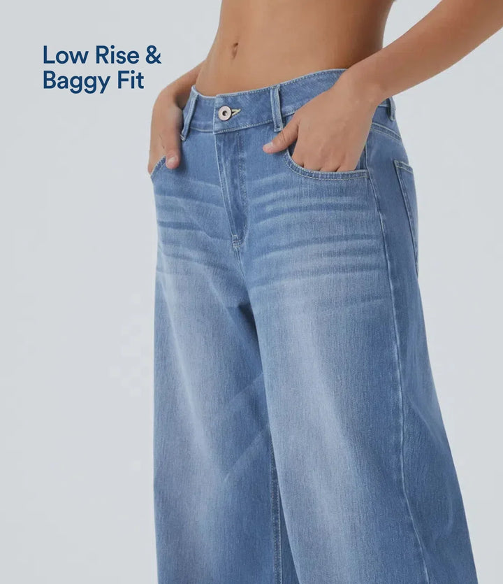 Lyckera Flex låg midja dragkedja fickor tvättad baggy vida ben vardagsjeans