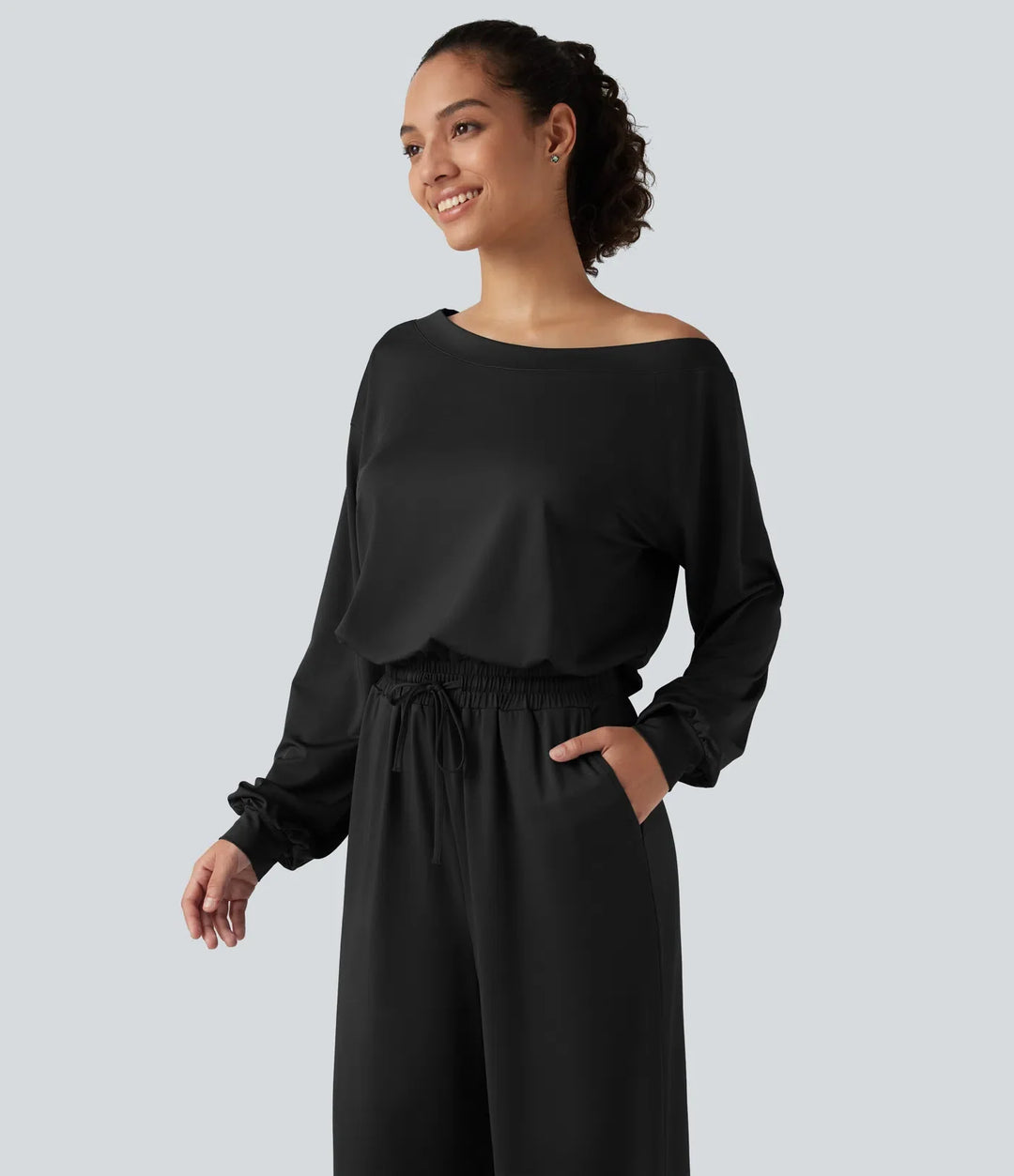 Enaxlad långärmad dragsko baggy vardaglig jumpsuit med fickor-Easy Peezy Edition
