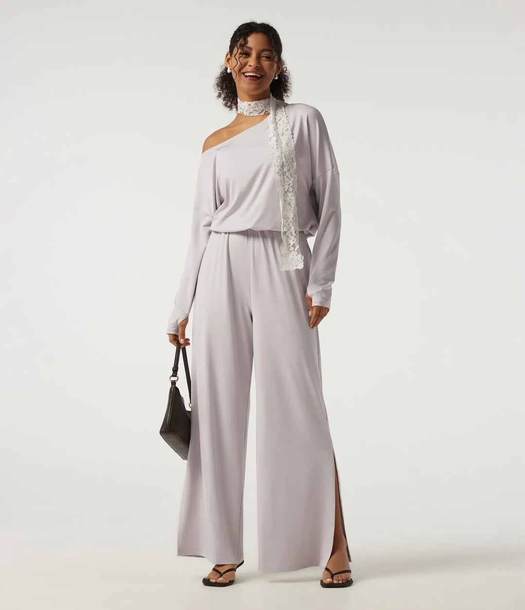 Enaxlad långärmad vida ben vardaglig jumpsuit med inbyggd BH och fickor -Easy Peezy Edition