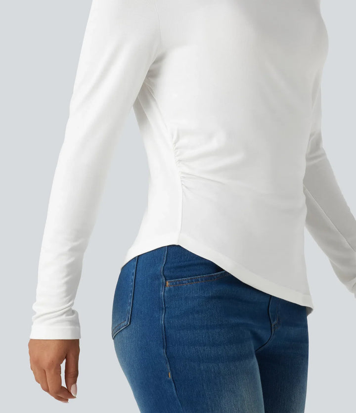 Ribbad enaxlad långärmad asymmetrisk fåll vardaglig T-shirt