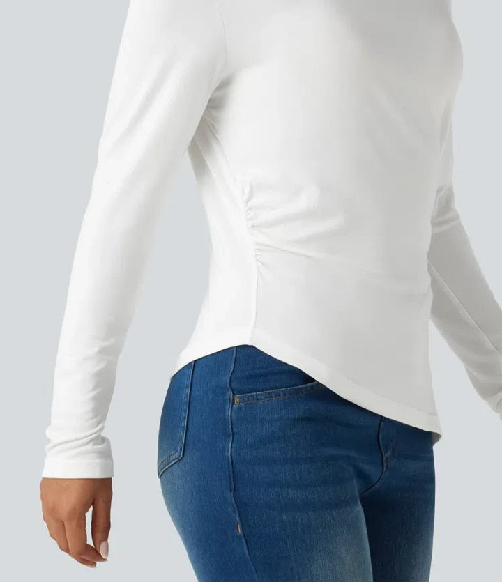 Ribbad enaxlad långärmad asymmetrisk fåll T-shirt för vardag