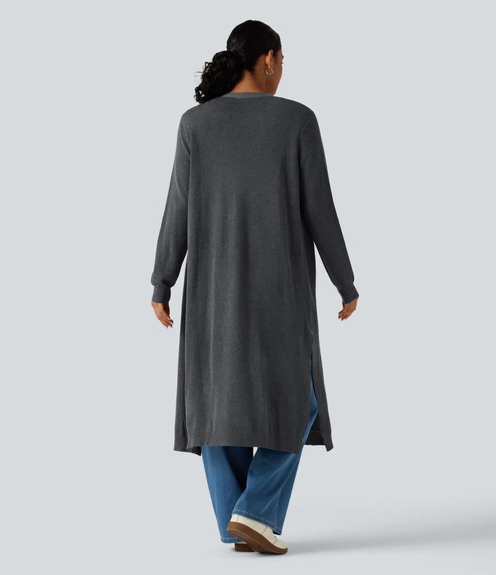 Långärmad lång modell arbetscardigan med fickor